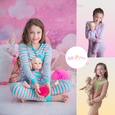 Girls and Dolls Matching Stripe heart 4 Piece Pyjama Sets