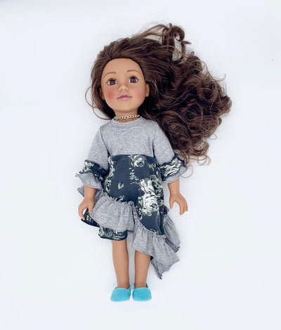 Girls & Dolls matching Dress| Light Grey and Charcoal with Monochrome Roses