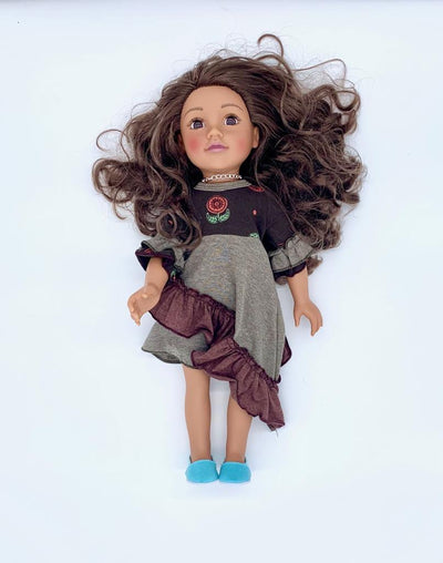 Girls & Dolls matching Dress| Chocolate Brown with Pink Retro Flowers, Dark Beige and Maroon