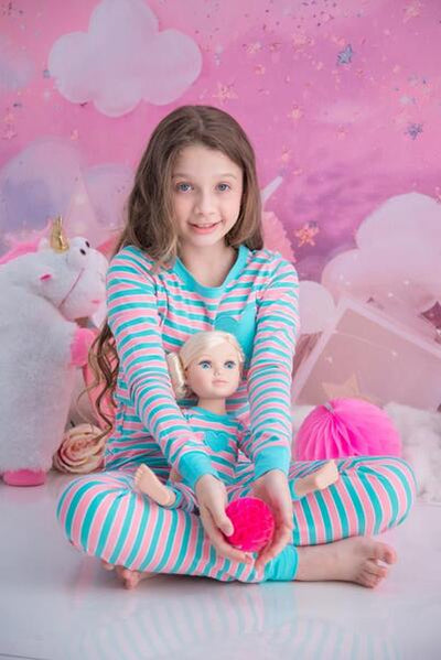 Girls and Dolls Matching Stripe heart 4 Piece Pyjama Sets