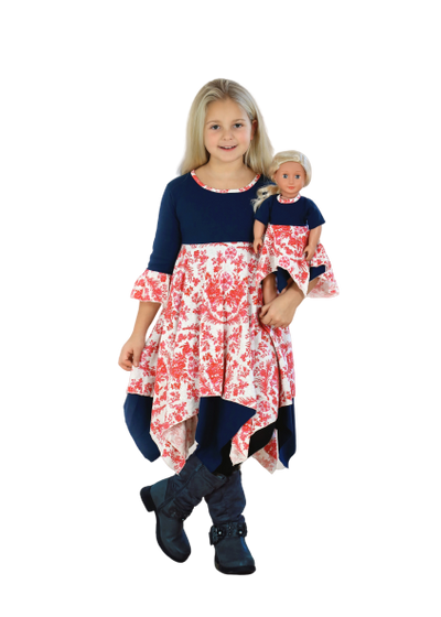 Girls & Dolls matching Dress| Off-white with pink and red florals and dark navy