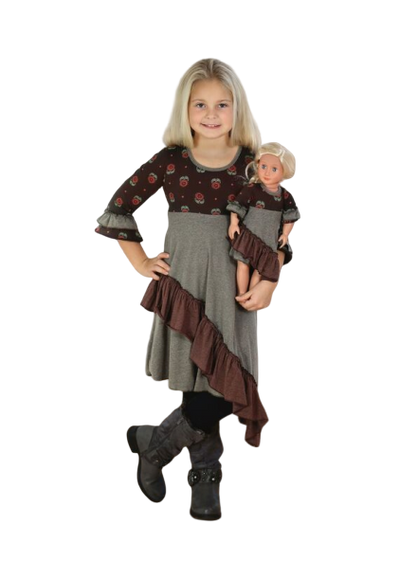 Girls & Dolls matching Dress| Chocolate Brown with Pink Retro Flowers, Dark Beige and Maroon