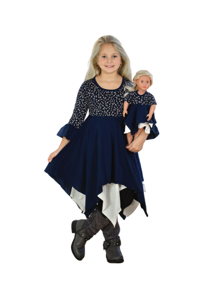 Girls & Dolls matching Dress| Dark Navy Melange with White Flowers, Navy and White.