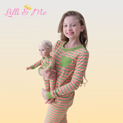 Girls and Dolls Matching Stripe heart 4 Piece Pyjama Sets